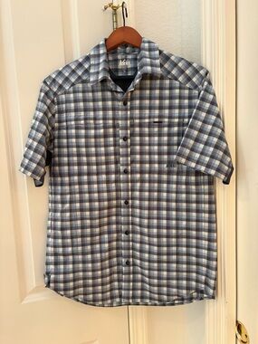 REI Men’s Short-Sleeve Gray and Blue Plaid Button-Down Shirt